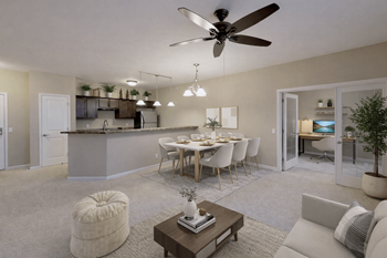 Open living space with dining area and home office